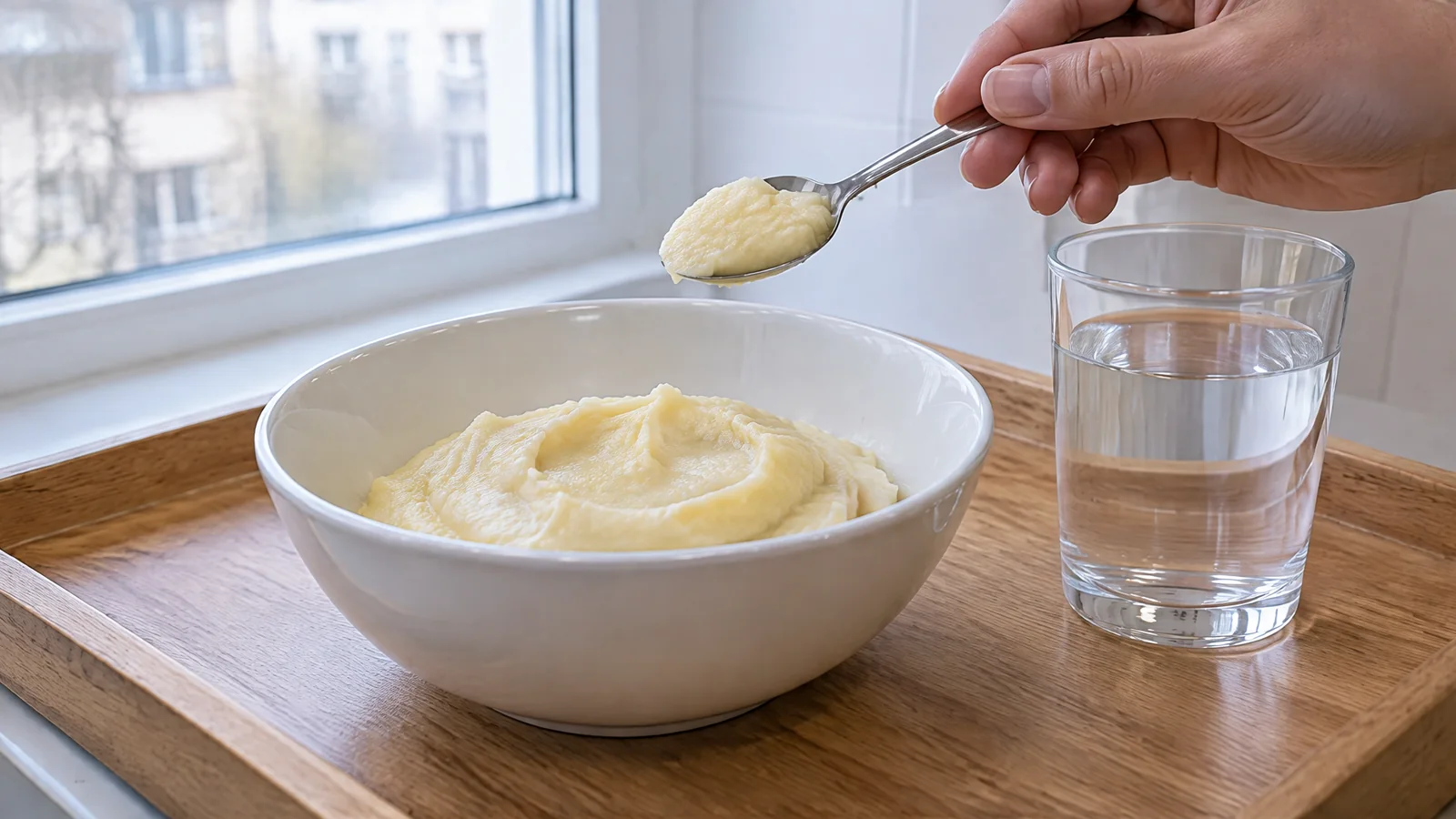 Мягкое картофельное пюре и вода для еды после удаления зуба