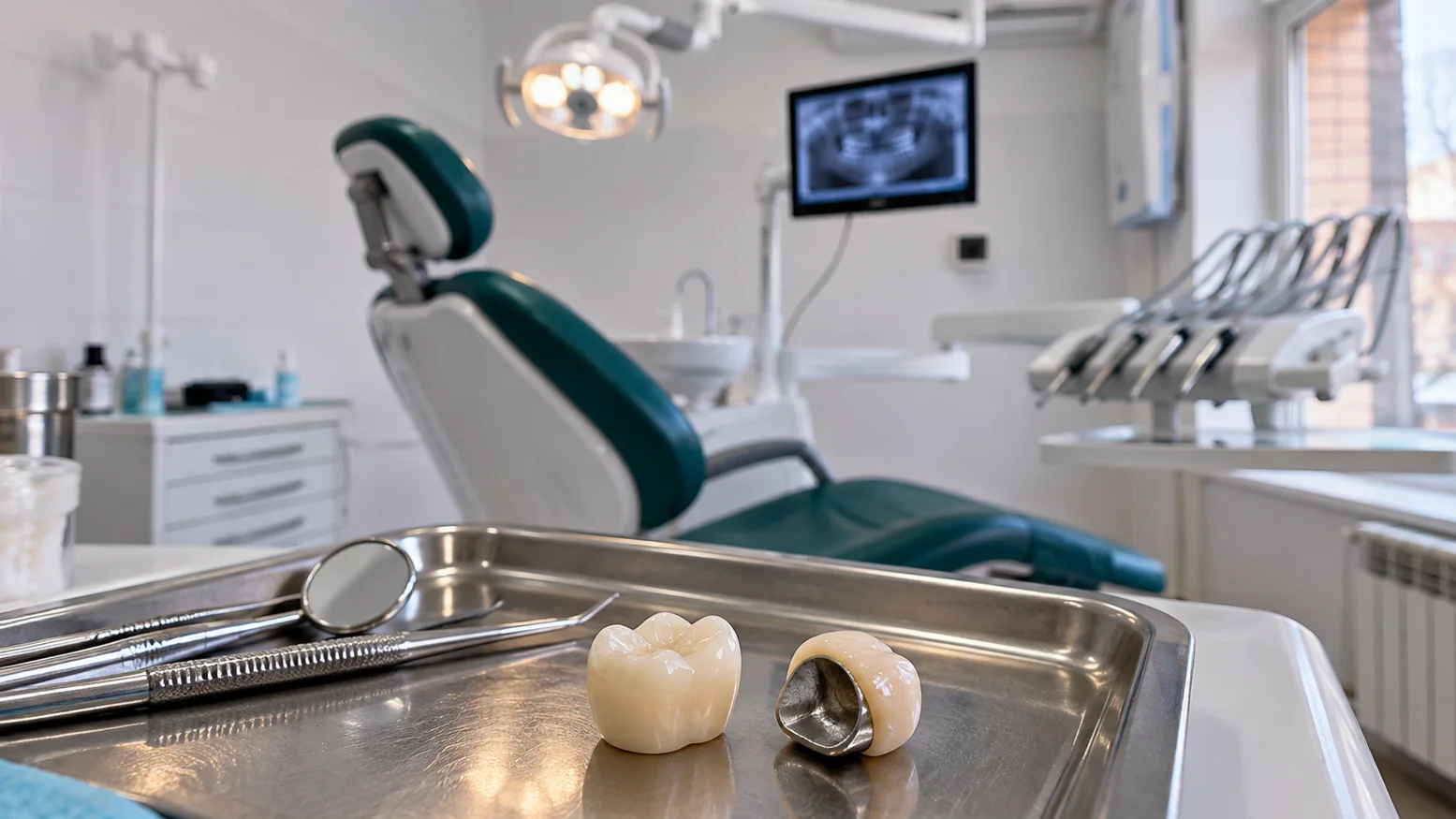 Циркониевая и металлокерамическая коронки для шестого зуба на лотке