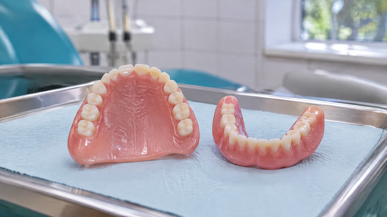 Полные съемные протезы верхней и нижней челюсти на клиническом лотке