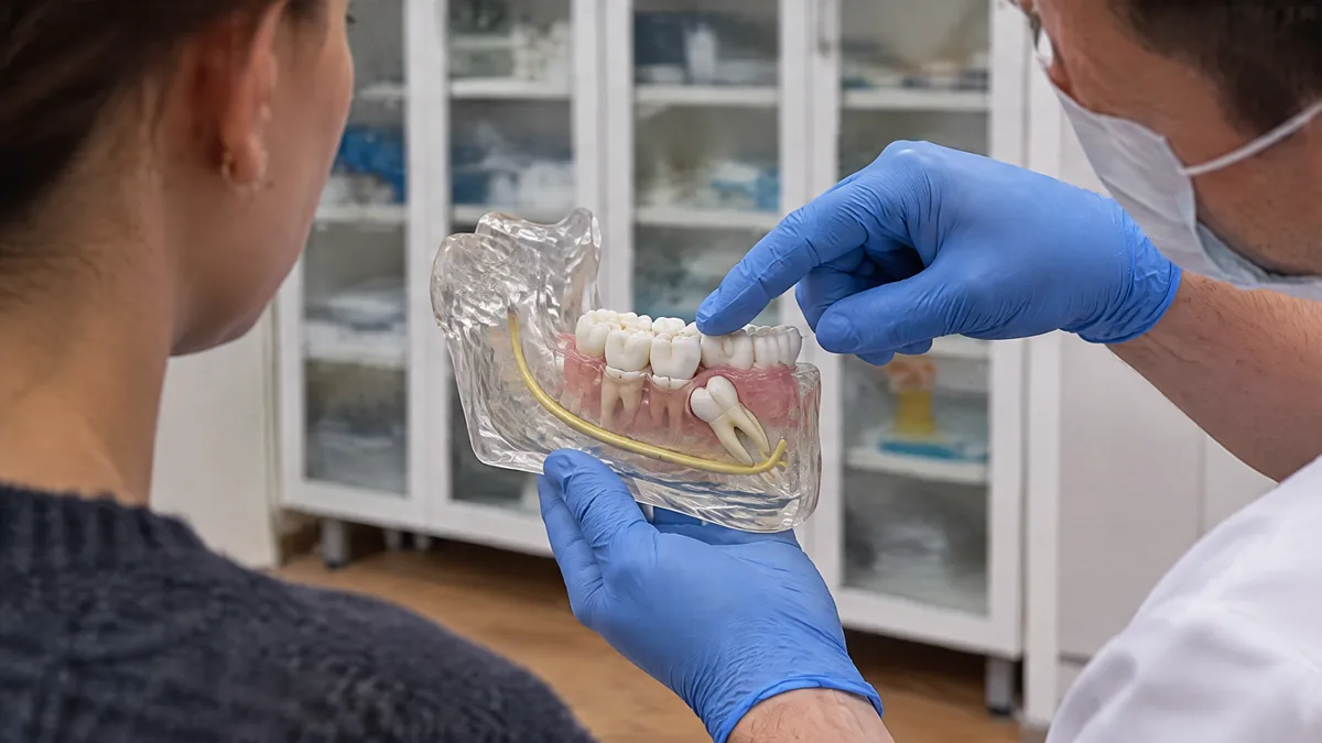 Хирург показывает близость корней восьмёрки к нервному каналу