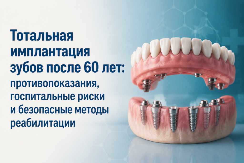 Имплантация зубов после 60 лет без боли и рисков: методы клиники Espadent. Узнайте всё о тотальном восстановлении все на 4 с применением седации. Безопасная реабилитация, учет всех рисков и фиксированная цена. Верните качество жизни и уверенную улыбку без страха за один визит в экспертной стоматологии.