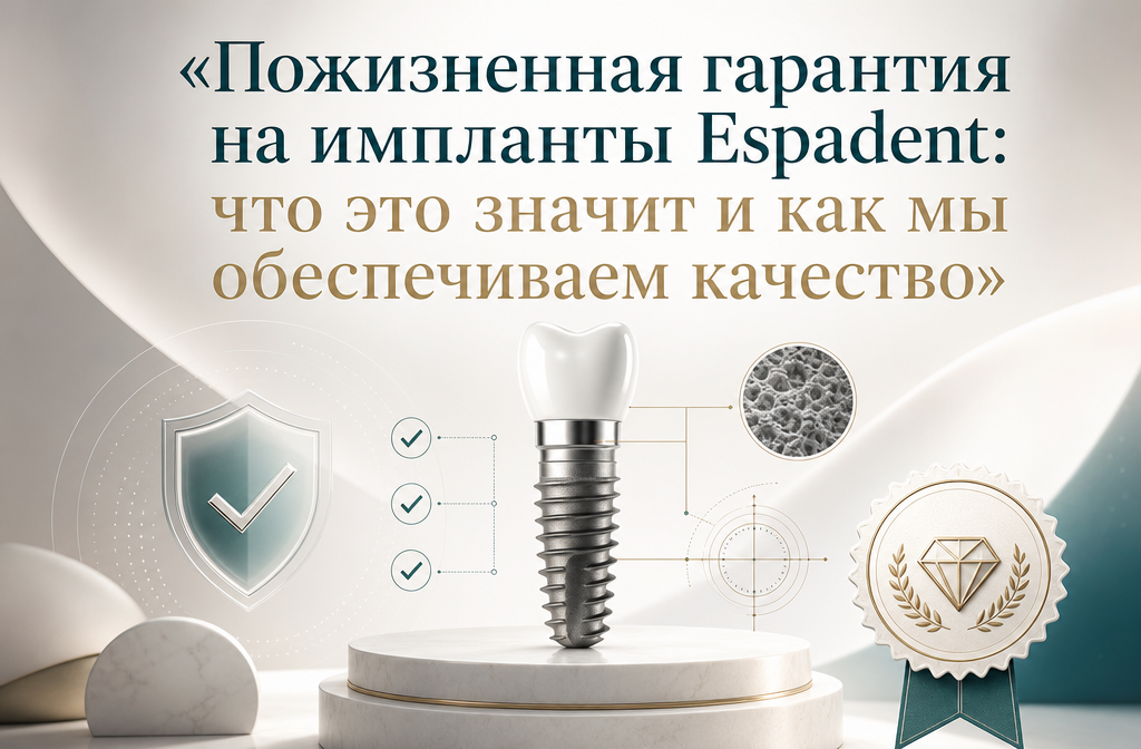 Пожизненная гарантия на импланты Espadent: почему это стандарт качества, а не маркетинговый ход. Узнайте, как мы обеспечиваем долговечность вашей улыбки и почему выбираем оригинальные компоненты для каждого пациента. Читайте о наших подходах к контролю качества и безопасности на всех этапах лечения в Espadent.